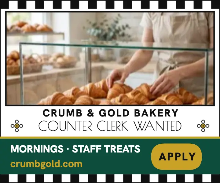 Crumb and Gold bakery clerk hiring ad template