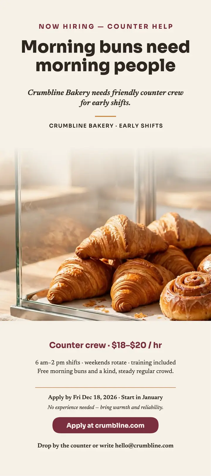 Crumbline Bakery counter crew hiring rack card template