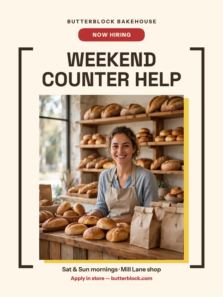 Butterblock Bakehouse weekend counter help portrait: bakery hiring post template