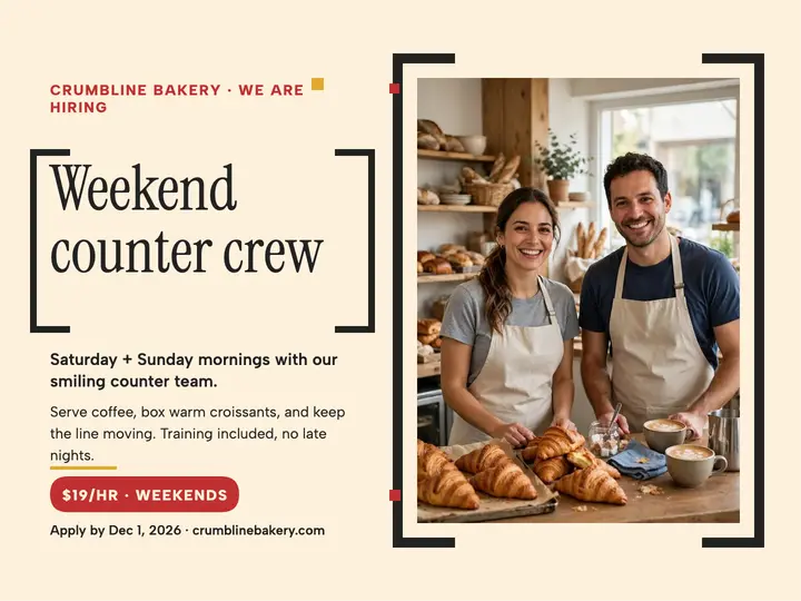 Crumbline Bakery weekend crew hiring slide template