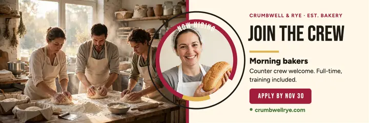 Crumbwell and Rye bakery crew hiring header: bakery hiring header template