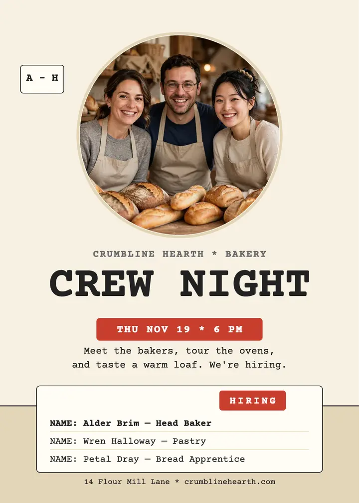 Crumbline Hearth crew night invitation: bakery hiring invitation template