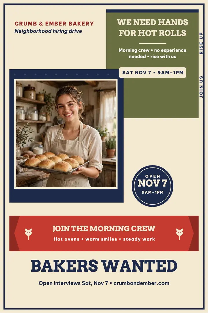 Crumb and Ember bakery crew hiring poster template