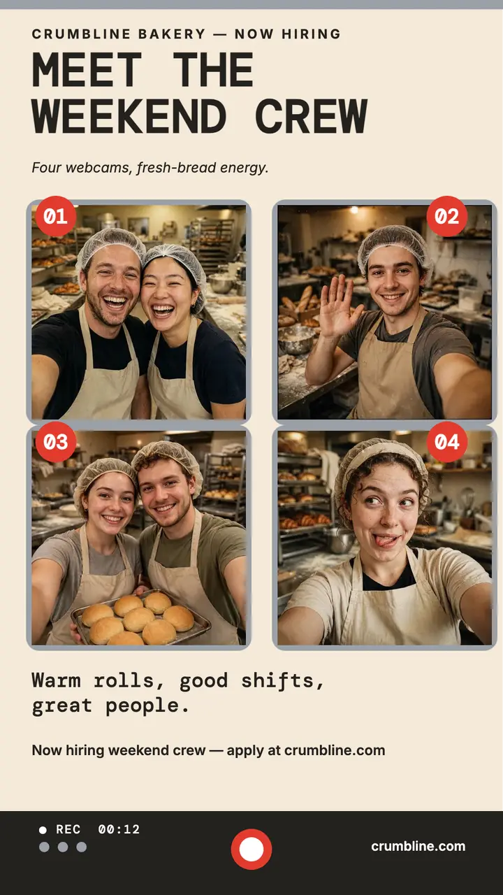 Crumbline Bakery weekend crew webcam story template