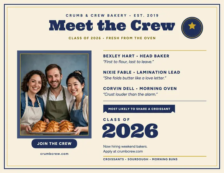 Crumb and Crew bakery team yearbook flyer: bakery team flyer template