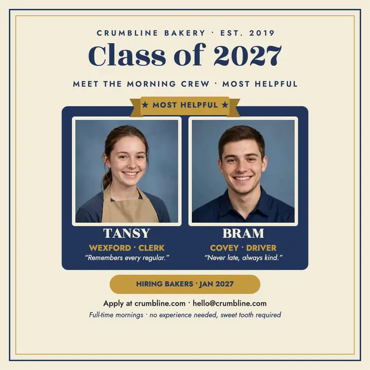 Crumbline bakery crew yearbook hiring post template