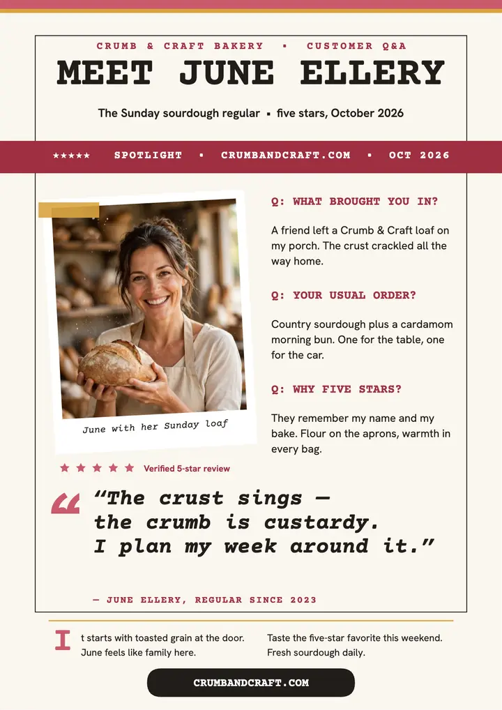 Crumb and Craft bakery customer Q&A flyer: bakery review flyer template