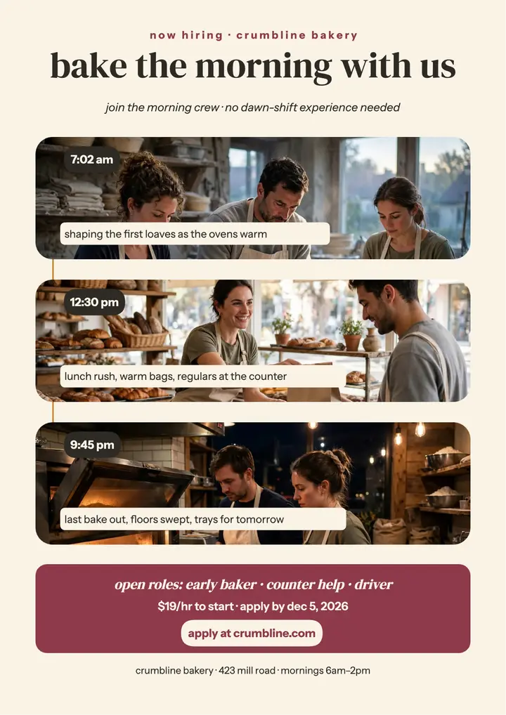 Crumbline Bakery morning crew hiring flyer template