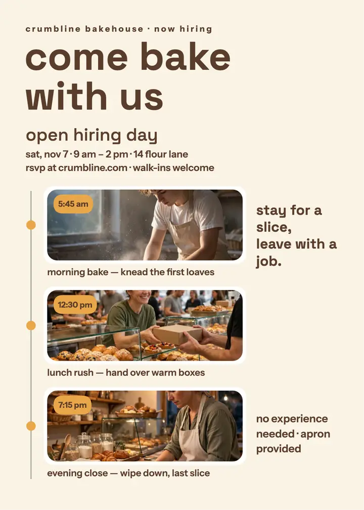 Crumbline Bakehouse hiring day invitation template
