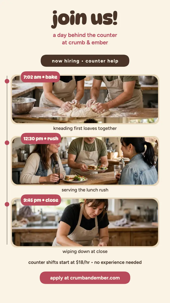 Crumb and Ember bakery day hiring story template