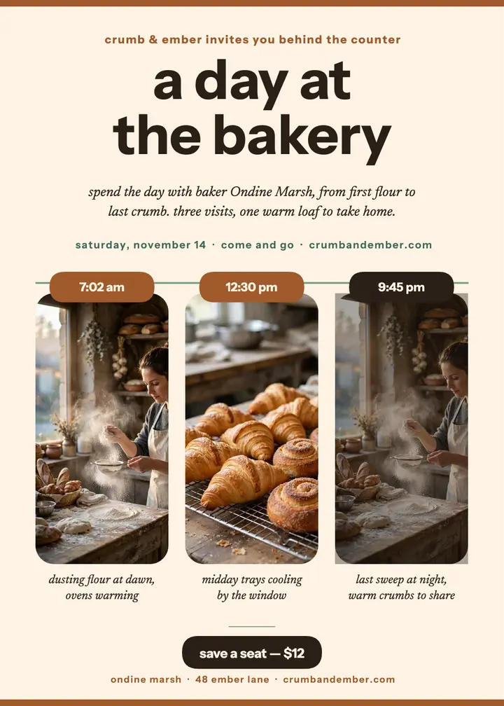 Crumb and Ember bakery day invitation template
