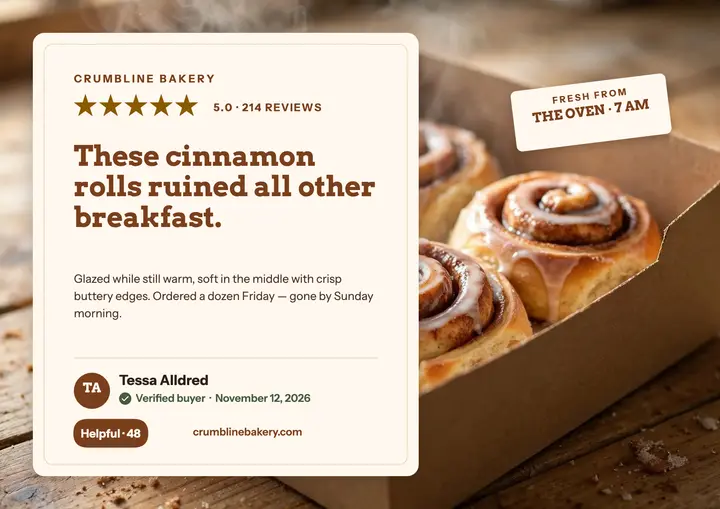 Crumbline Bakery five-star review card: bakery review card template