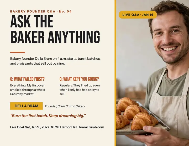Bram Crumb bakery founder Q&A flyer: bakery founder q&a flyer template