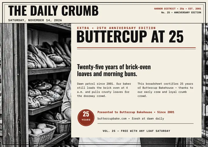 Buttercup Bakehouse 25 years front page template