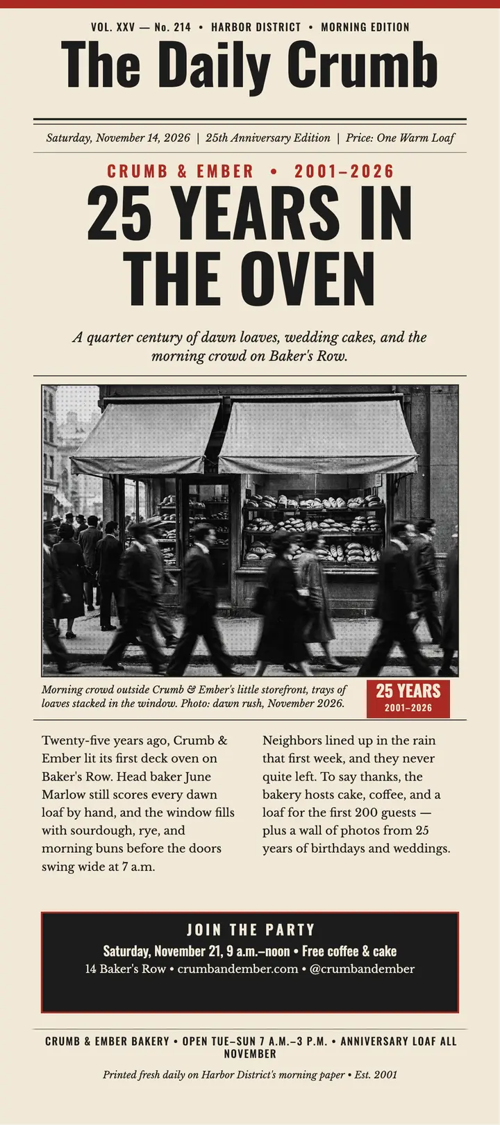 Crumb and Ember bakery front page rack card template