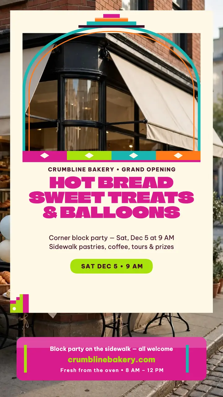 Crumbline Bakery grand opening party story template