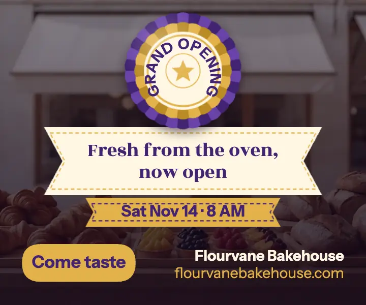 Flourvane Bakehouse grand opening rosette ad template