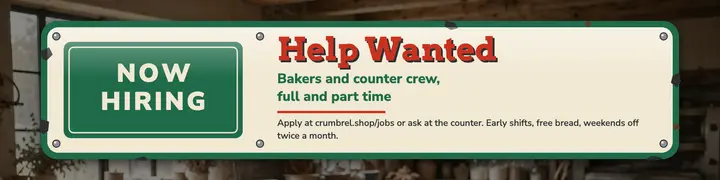 Crumbrel Bakehouse help wanted enamel sign banner template