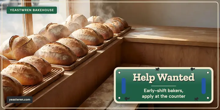 Yeastwren Bakehouse help wanted enamel sign post: bakery hiring post template