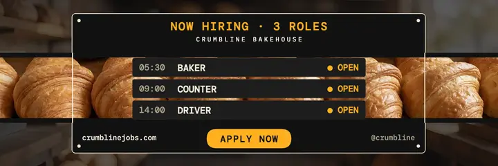 Crumbline Bakehouse hiring board header: bakery hiring header template
