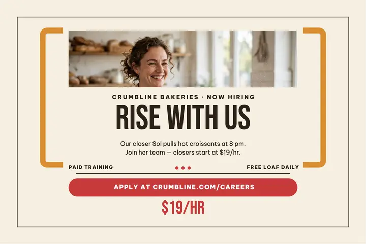 Crumbline Bakeries hiring postcard: bakery hiring postcard template