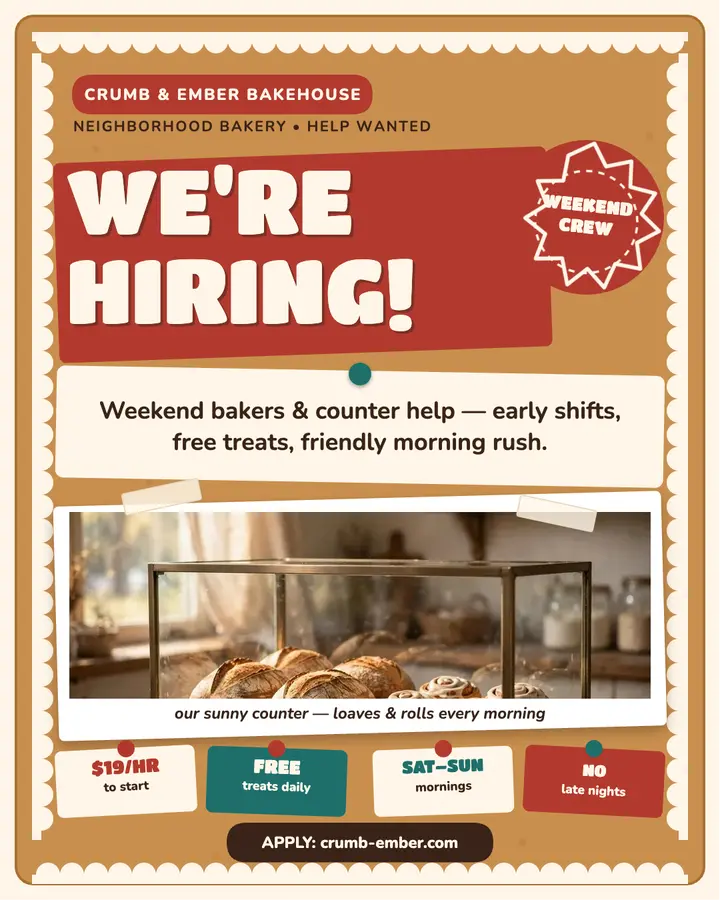 Crumb and Ember weekend crew hiring post: bakery hiring post template