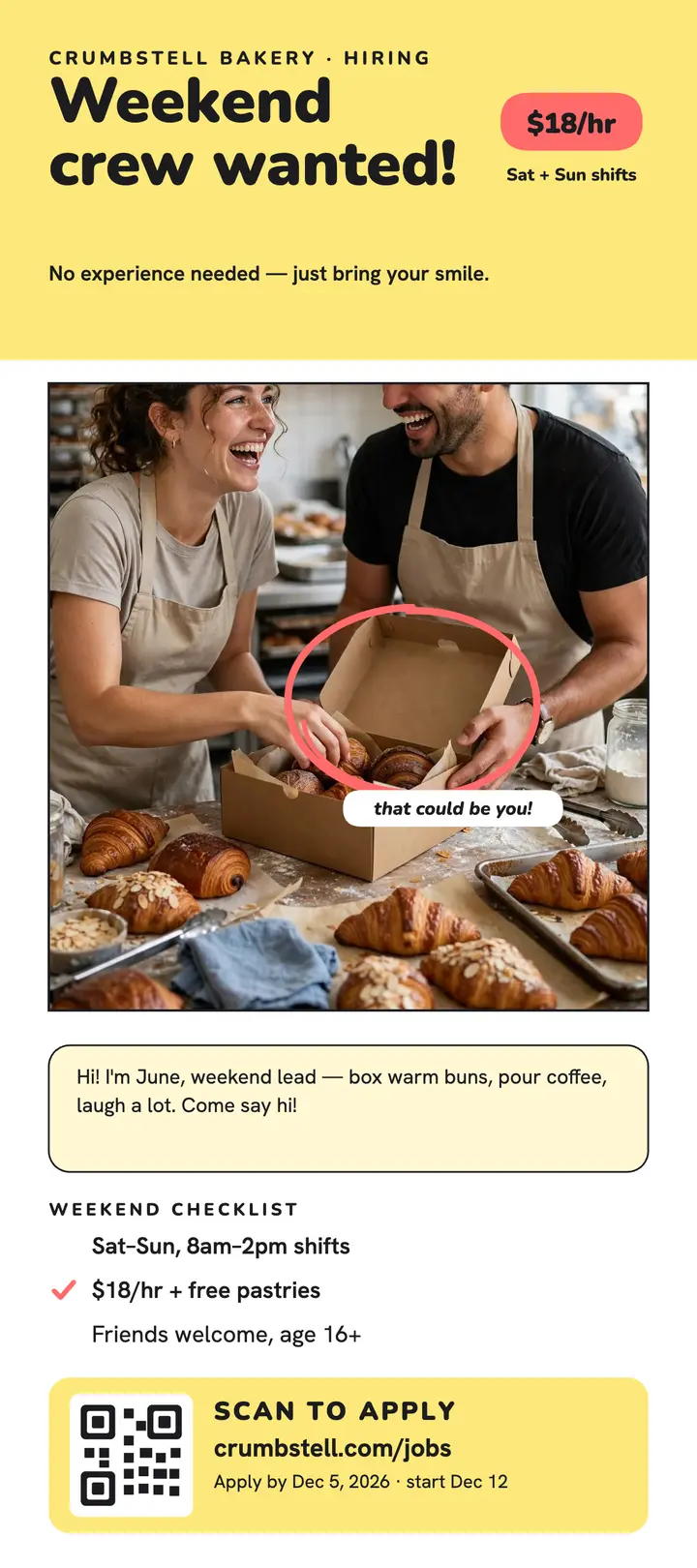 Crumbstell weekend crew hiring checklist card template