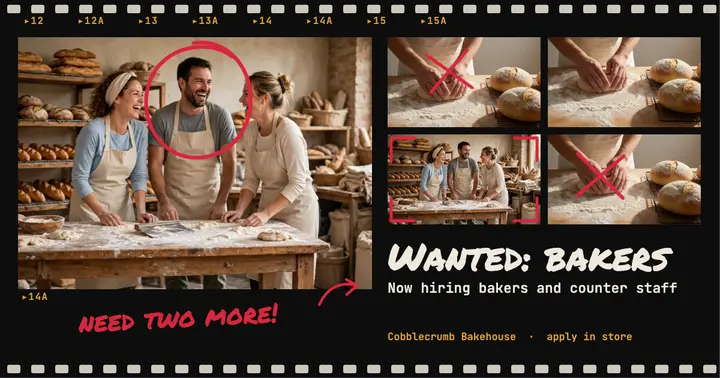 Cobblecrumb bakery hiring contact sheet post: bakery hiring facebook post template