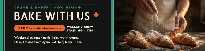 Crumb and Ember weekend bakers banner: bakery hiring banner template