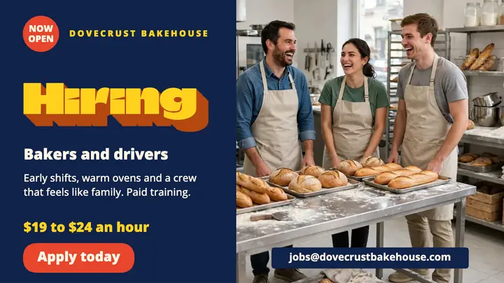 Bakery hiring thumbnail with extruded block type, Dovecrust Bakehouse template