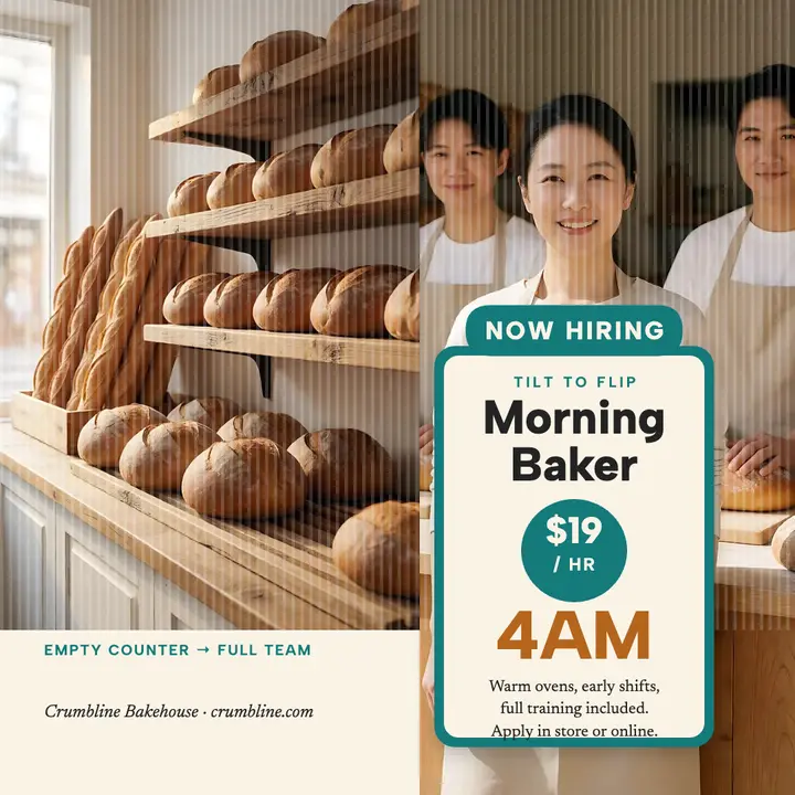 Crumbline morning baker hiring flip: bakery hiring post template