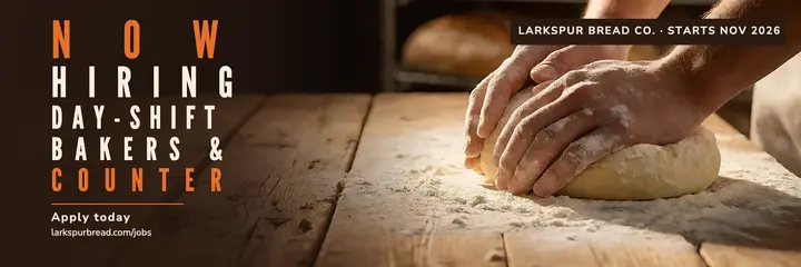 Larkspur Bread Co. hiring header, flush block type template