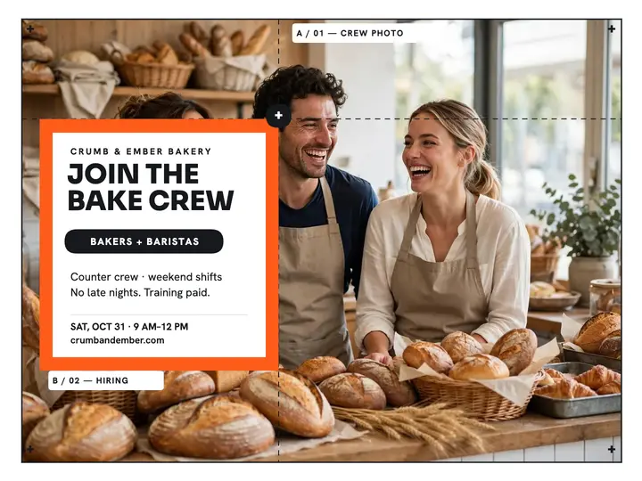 Crumb and Ember bakery hiring grid slide: bakery hiring slide template