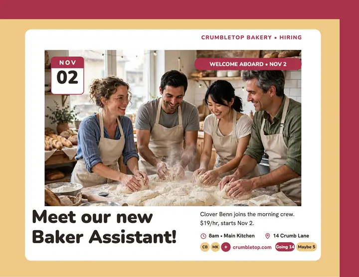 Crumbletop welcome aboard hiring invite: bakery hiring flyer template