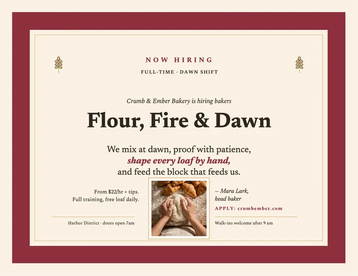 Crumb and Ember bakery hiring manifesto: bakery hiring flyer template