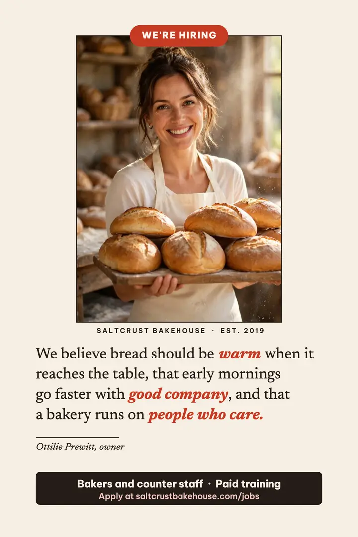 Bakery hiring manifesto poster: now hiring poster template