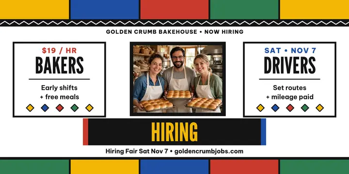 Golden Crumb bakery hiring mural post: bakery hiring post template
