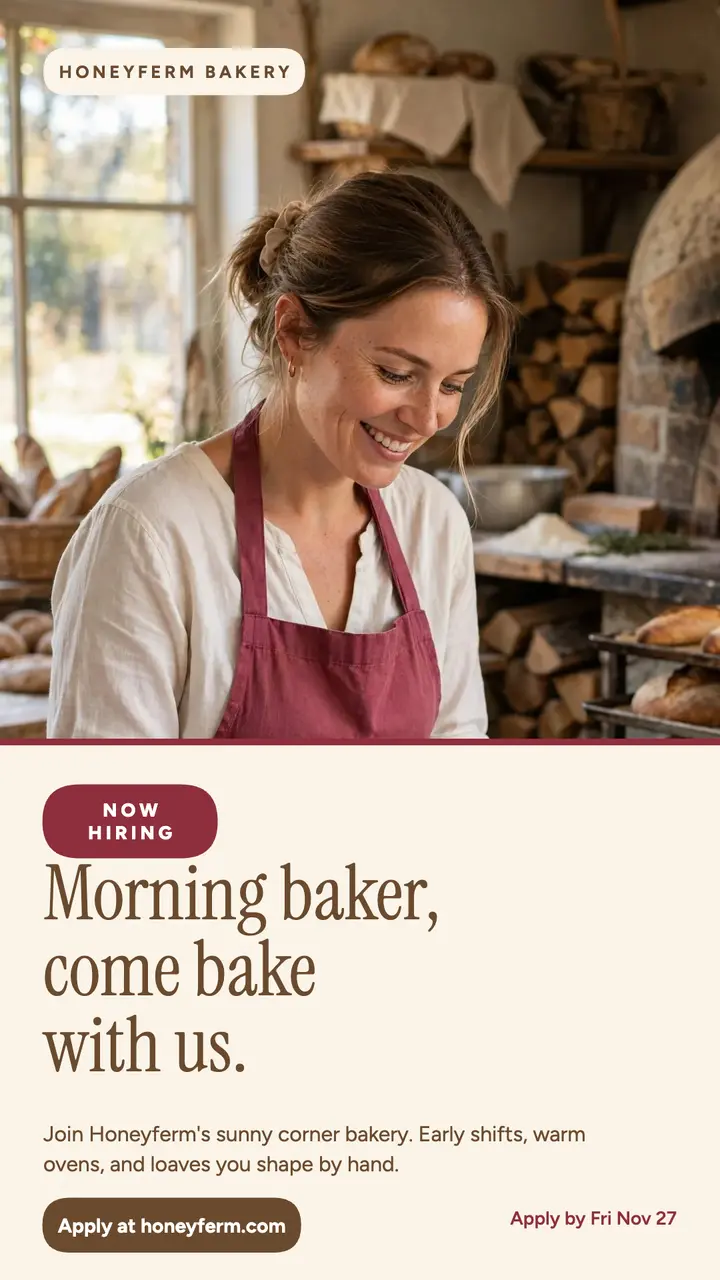 Honeyferm morning baker hiring story template