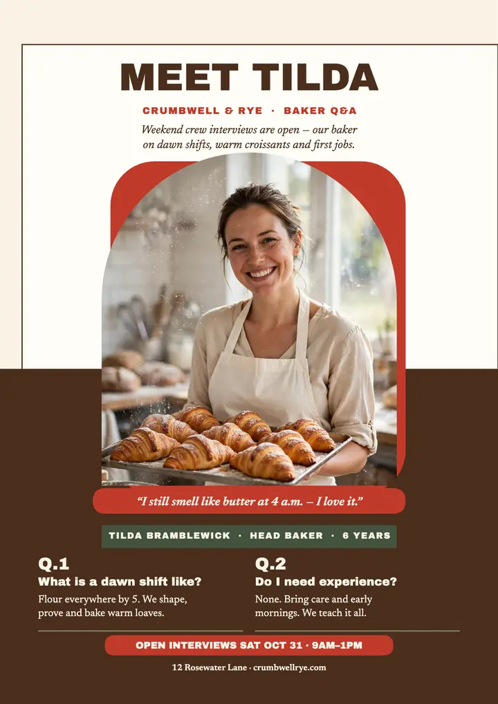 Crumbwell bakery hiring Q&A flyer template