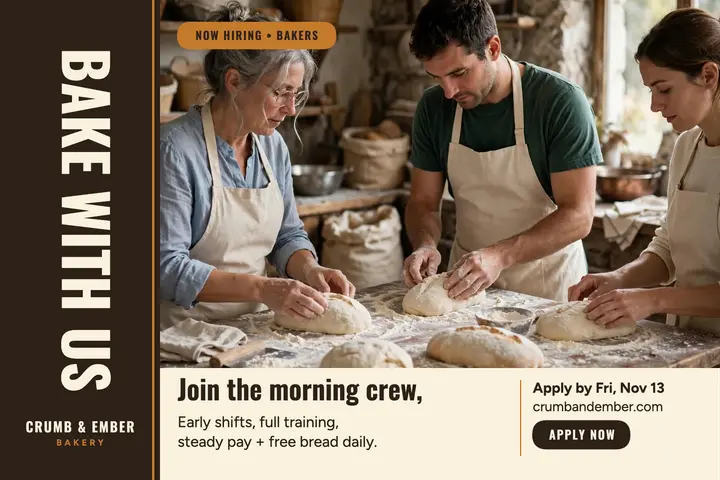Crumb and Ember bakery hiring postcard template