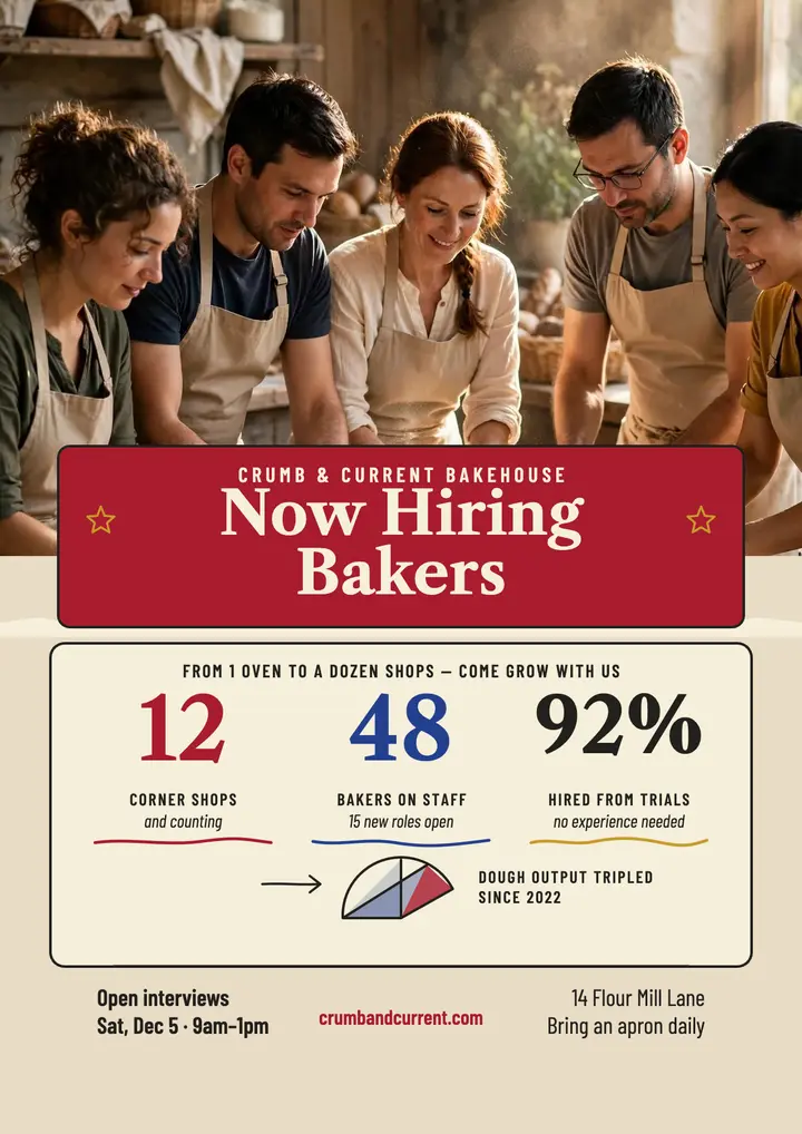 Crumb and Current bakery hiring story flyer: bakery hiring flyer template