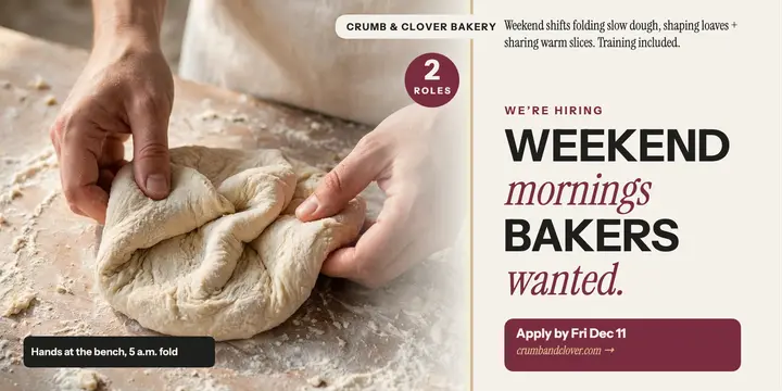 Crumb and Clover weekend bakers hiring post template