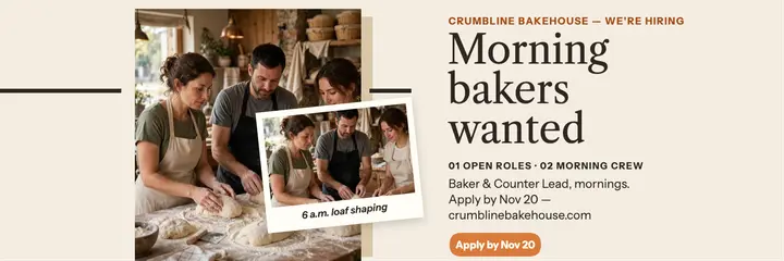 Crumbline Bakehouse hiring team x-header: bakery hiring header template