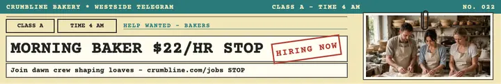 Crumbline Bakery morning baker telegram cover: bakery hiring cover template