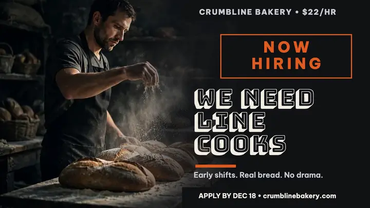 Crumbline Bakery line cooks hiring thumbnail template