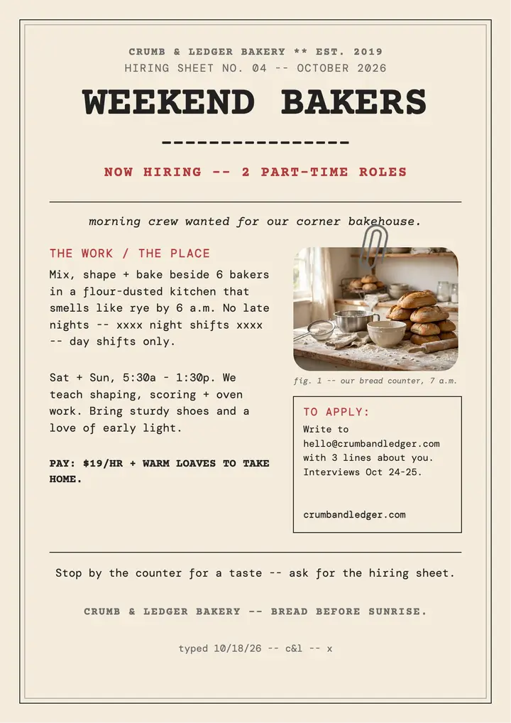Crumb and Ledger typed bakery hiring flyer: bakery hiring flyer template