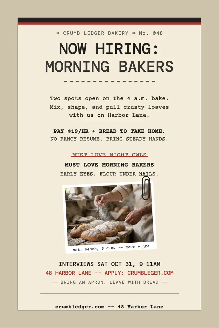 Crumb Ledger morning bakers typed poster: bakery hiring poster template