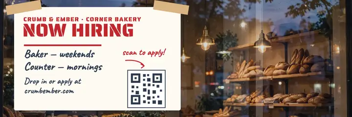 Crumb and Ember bakery hiring window card template