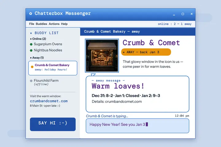 Crumb and Comet holiday away message template