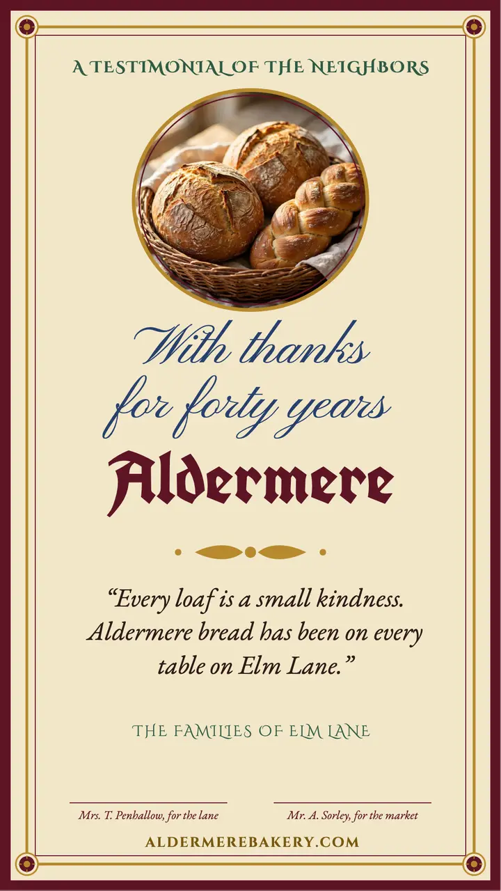 Aldermere bakery illuminated address story: customer testimonial story template